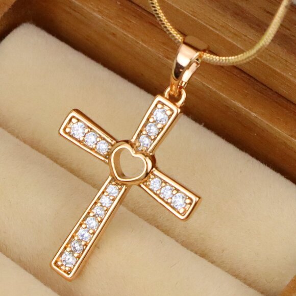 "Rose Gold Cross Pendant with Heart Center and Sparkling Stones, XPPT1854 - Picture 1 of 13